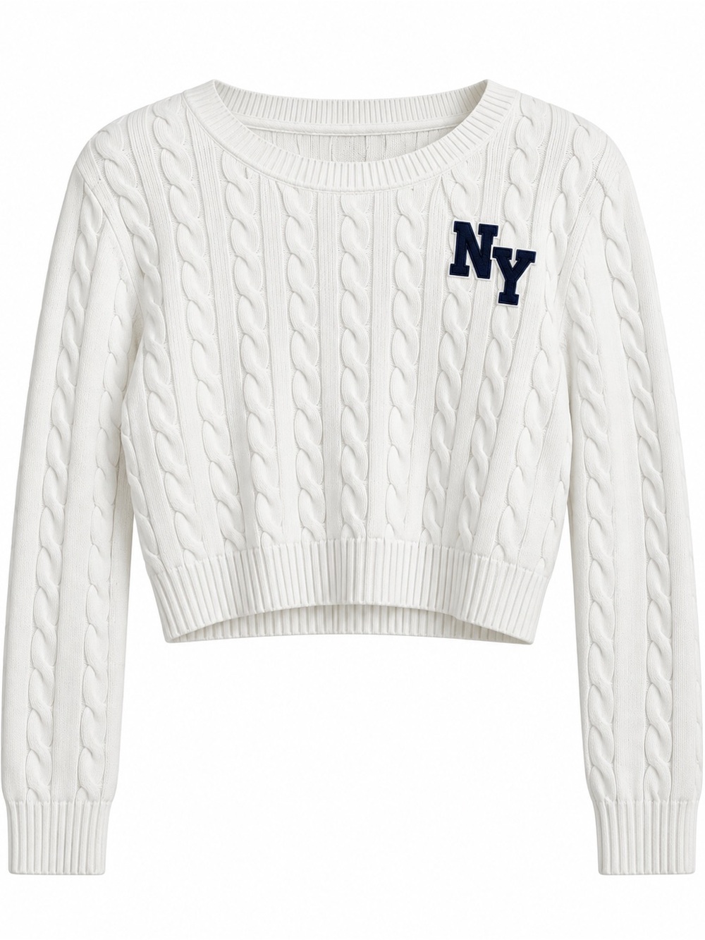 Stella Tweed White Cable-Knit Crew Sweater with Navy NY Patch Juniors